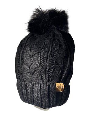 Redess Womens Black Knit Winter Beanie With Faux Fur Pom Warm Lined